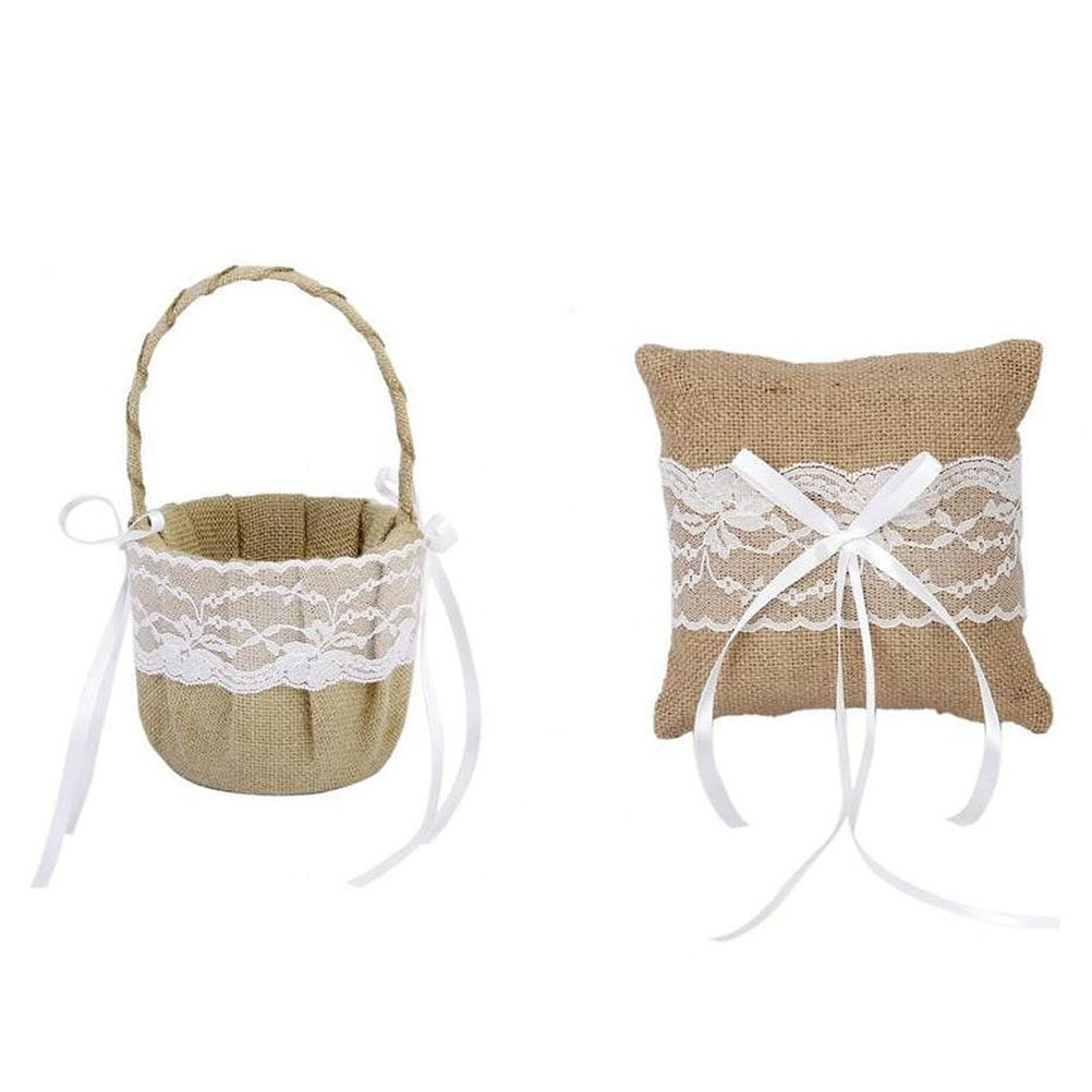 Ring Bearer Pillow - 6인치 황마 레이스 꽃바구니 링 베어러